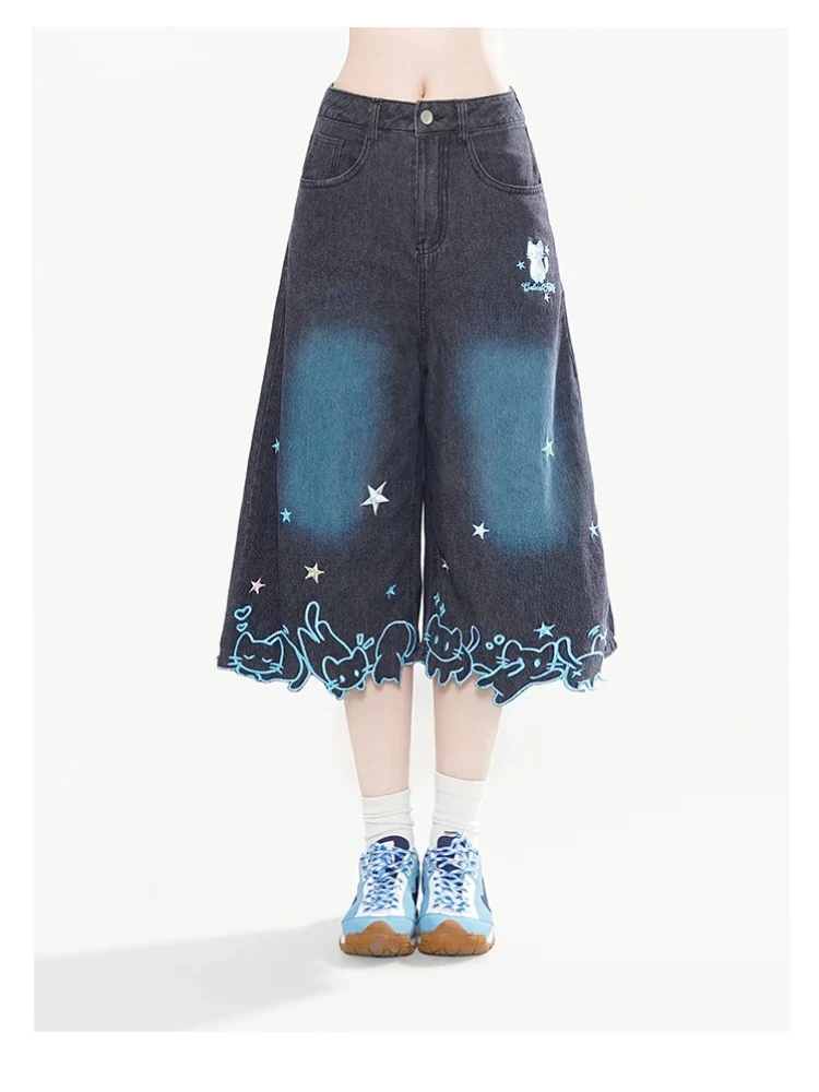 Women Kawaii Cat Embroidery Washed Denim Capri Jeans Summer Loose Wide Leg Cropped Trousers Casual Versatile Seven‑Point Pants
