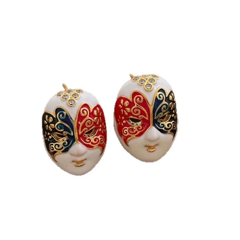 Pendientes de Diseño Único Minar con Esmalte Multicolor y Forma de Máscara Facial para Mujer, Joyería de Aleación Chapada en Oro Real