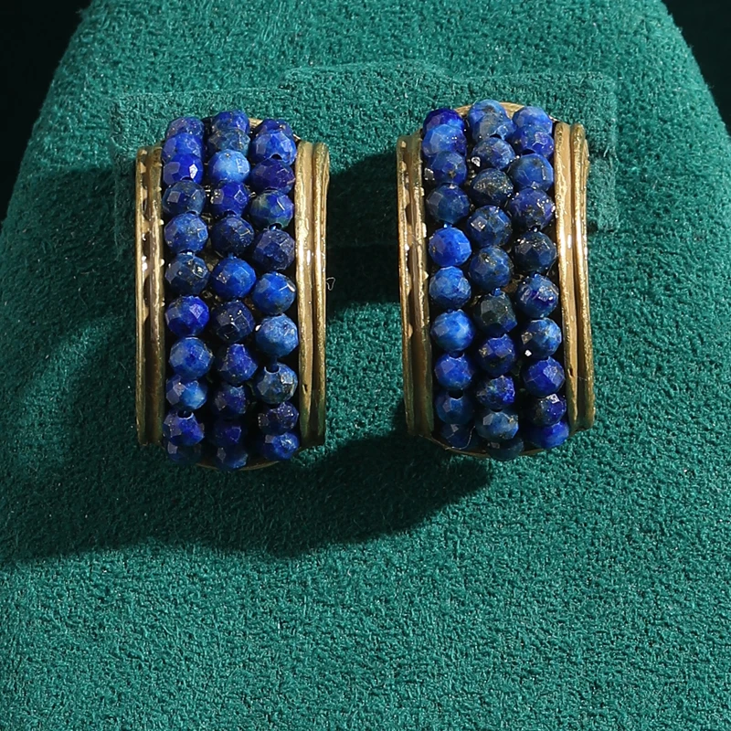 Vintage Lapis Lazuli Stud Earring C Type Gold Color Rhinestone Quality Luxury Designer Gifts Jewelry For Women New Trends 2025