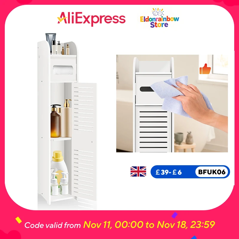 Bathroom Storage Cabinet 1 door 3 floors Floor Cabinet Organizer  Free i Standing Toilet Holder With Paper Tissue Sundries Storage