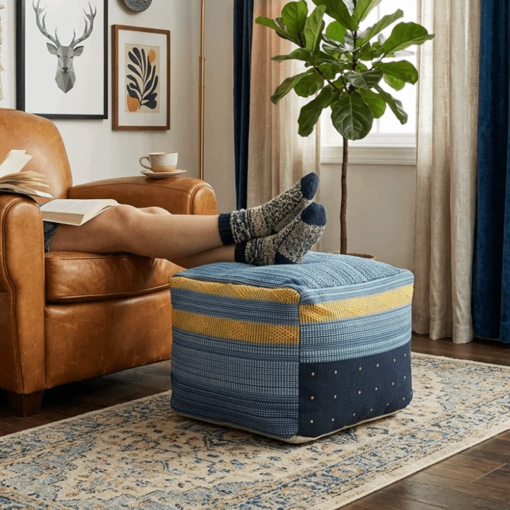 Thick Footstool Cover Unstuffed Handmade Seat Cushion Cover Color-Woven Jacquard Large Capacity Futon Cushion Cover Room Decor