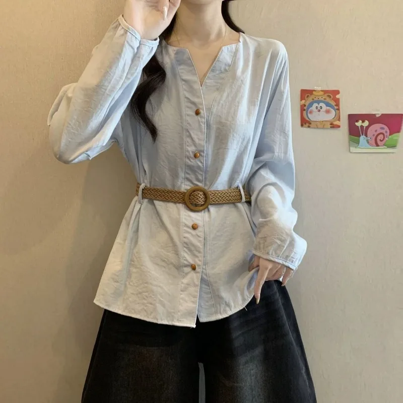 French Style Light Blue Long-sleeved Shirt for Women Autumn New Versatile Waist Top