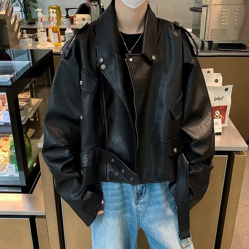 FEWQ Men\'s Pu Leather Jacket American Short Coat 2023 Solid Color New Fashion Streetwear Vintage Male Belt Design Tops 24X1816