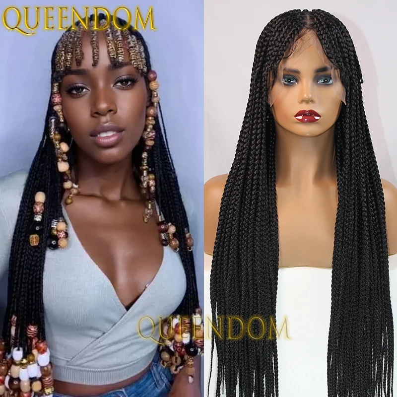 Full Lace Box Braids Wig Synthetic 32 Inch Distressed Handmade Crochet Braid Wig with Bangs Knotless Cornrow Plaits Braided Wig