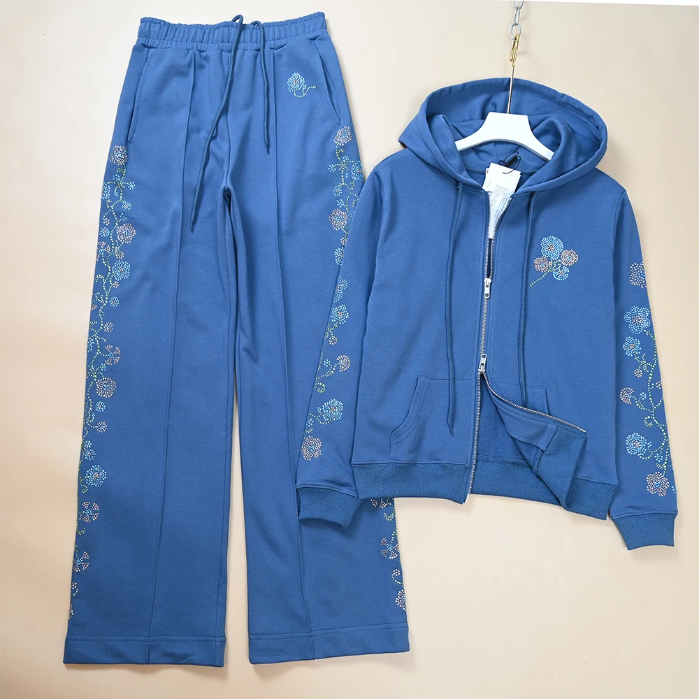 

Ladies Casual Sporty Hoody Zipper Long Sleeve Diamond Heat Transfer Sweatshirt Pants Set Two-Piece Straight Leg Suit