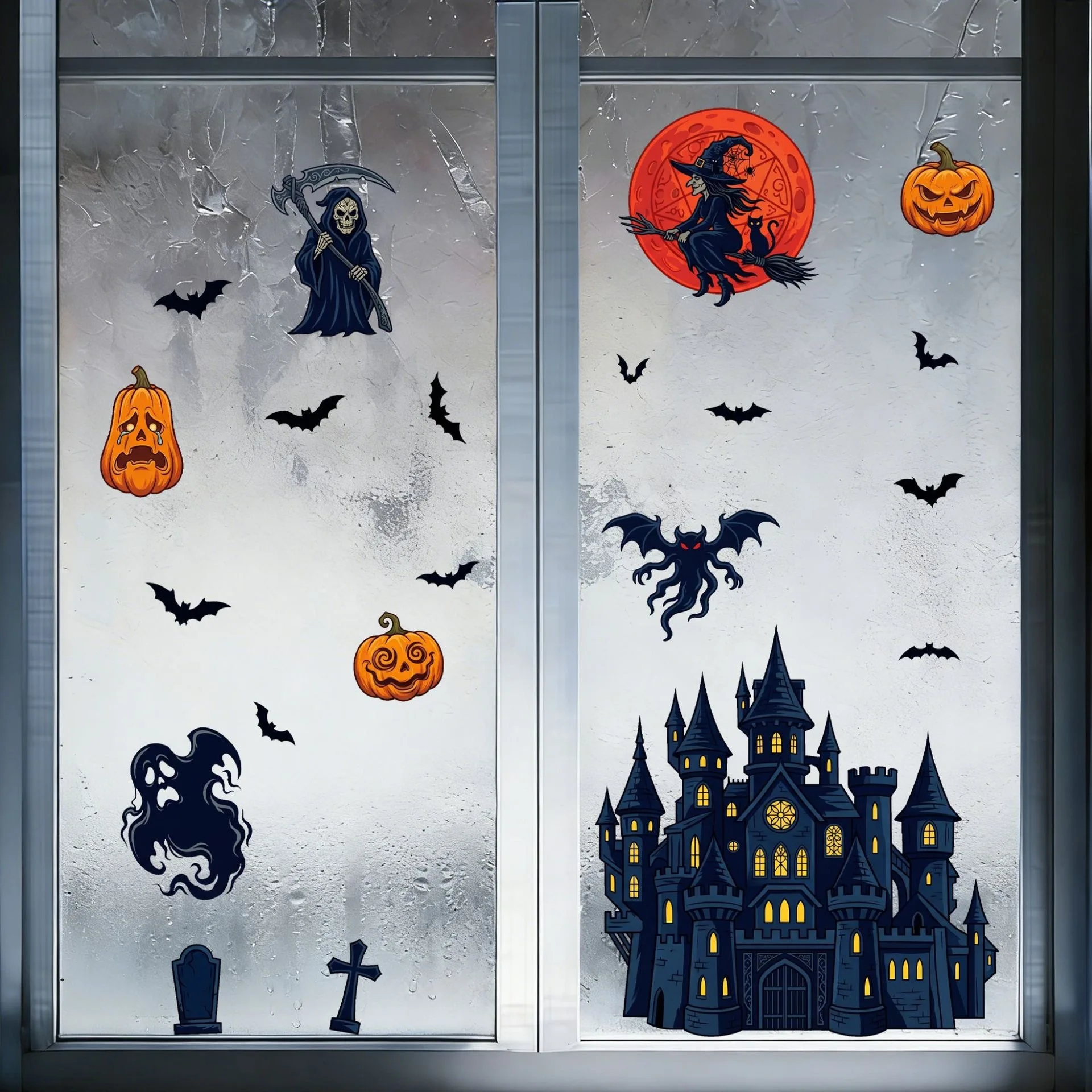 Halloween Grim Reaper Demon Blood Moon Witch Tombstone Static Window Clings, Horror Showcase Glass Holiday Decor Stickers
