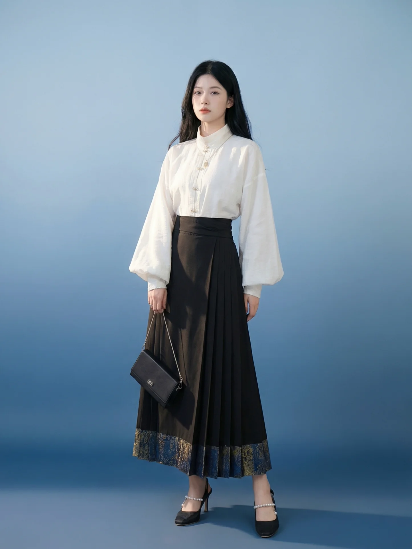 

XiaoLuui Blue Gold Ming Dynas Sle Hanfu Skirt Stand Collar T Top Traditional Chinese Culture ort Commute Daily Wear