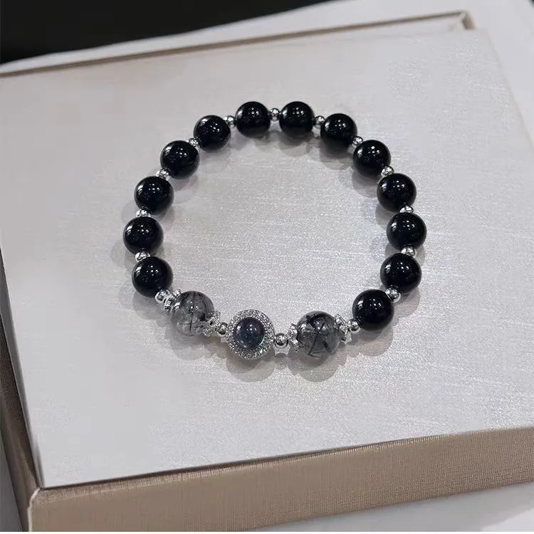 S925 Silver Natural Obsidian Bracelet With Aquamarine Niche Lucky Transfer Hand Jewelry