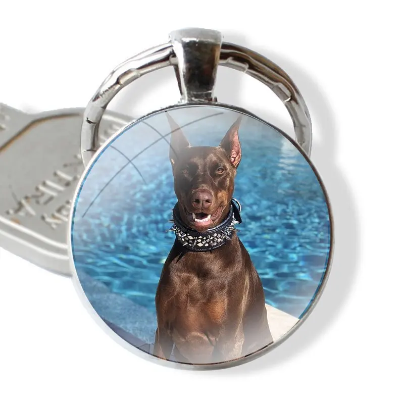 Black animal Doberman Pinscher Dog Glass Metal Pendant Key Chain Classic Men Women Key Ring Accessories Jewelry Gifts