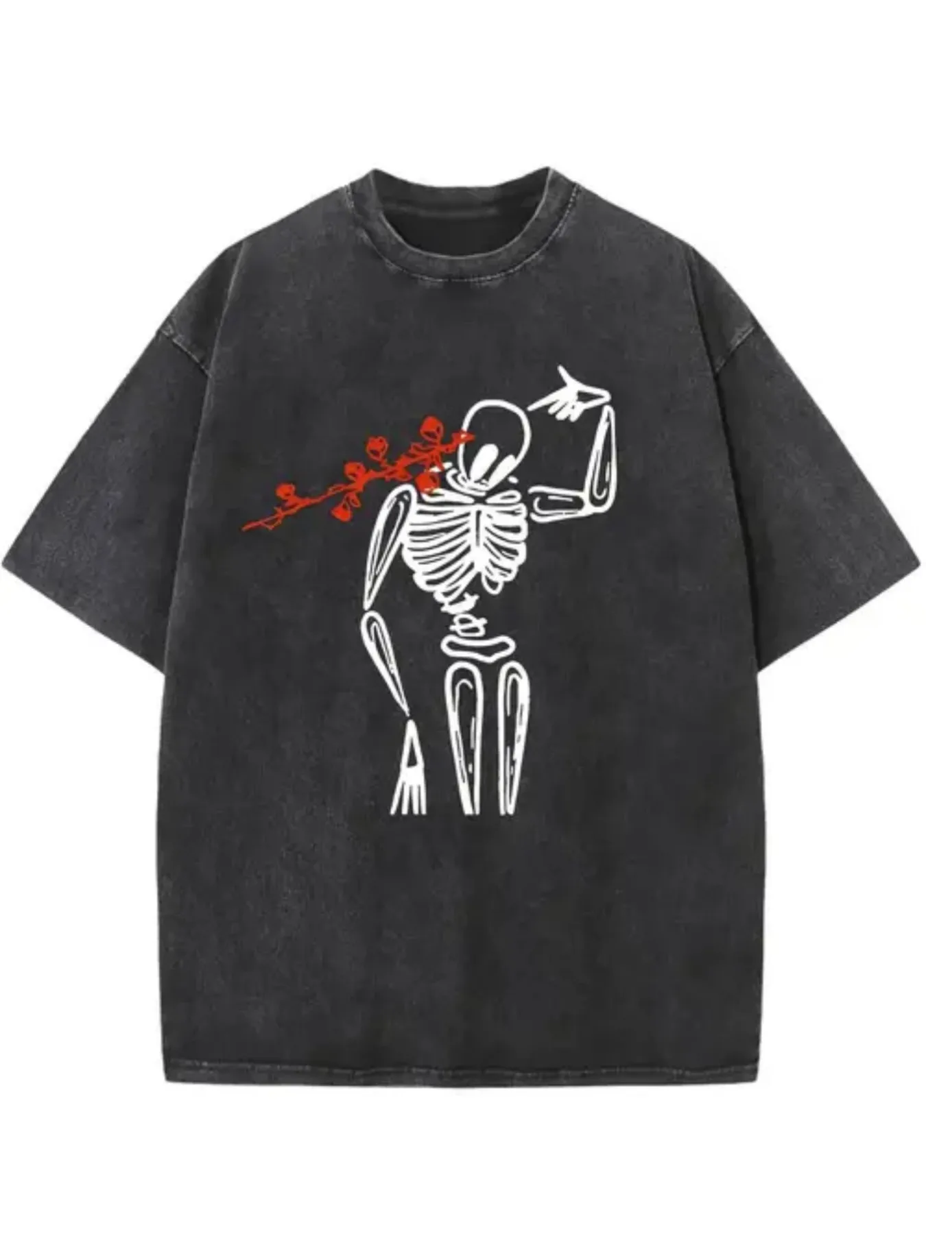 Men's Vintage Skull and Rose Pattern T-Shirt - Loose Fit Washed T-Shirt with Geometric Print, Drop Shoulder Sleeves, and Round Neck, Suitable for Casual Wear in All Seasons, Vintage T-Shirt