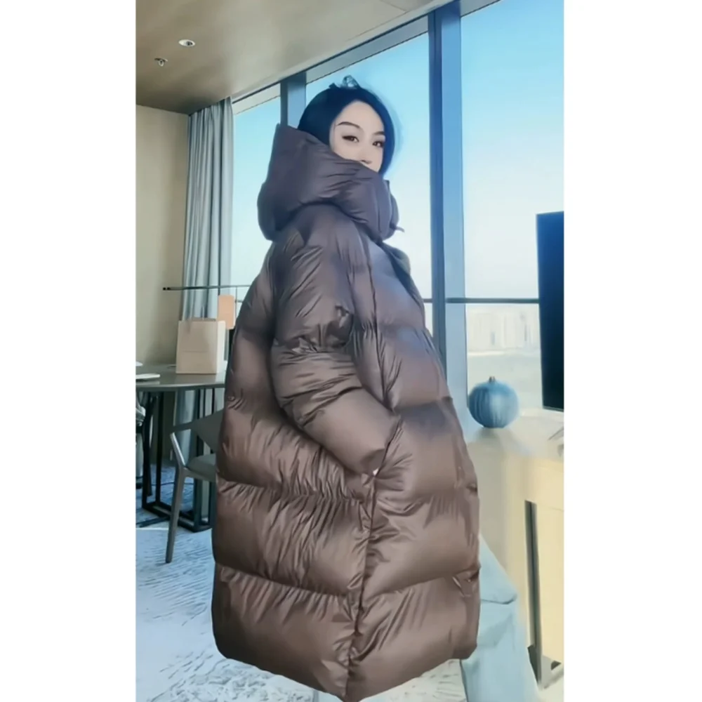 Chaqueta de plumón para mujer con capucha gruesa de capullo largo, versión coreana holgada de la ropa de pan, calidez al aire libre