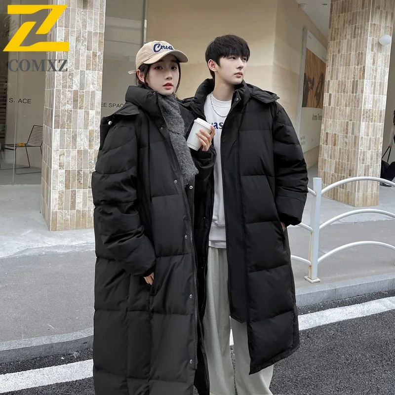 COMXZ Men's Winter Jacket New Hong Kong Trendy Brand Loose Long Thick Warm Skiing Puffer Jacket Snowy Cold-Resistant Down Jacket