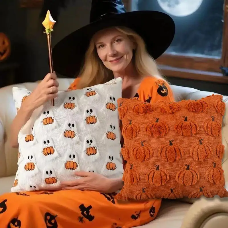 

New Halloween Plush Pillowcase With Pumpkin Ghost Embroidery, Cute Cushion Cover, Sofa Headboard Decoration Pillowcase