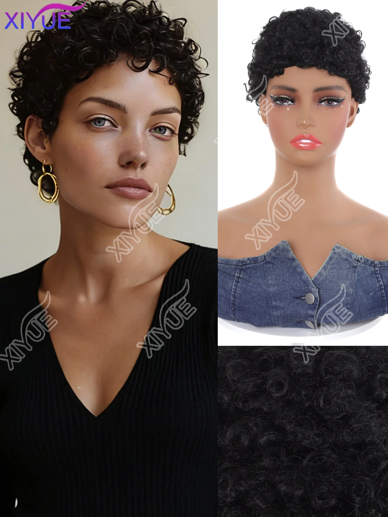 

XIYUE 3inch natural black color machine made human hair wigs for women afro curly pixie daily party use wig