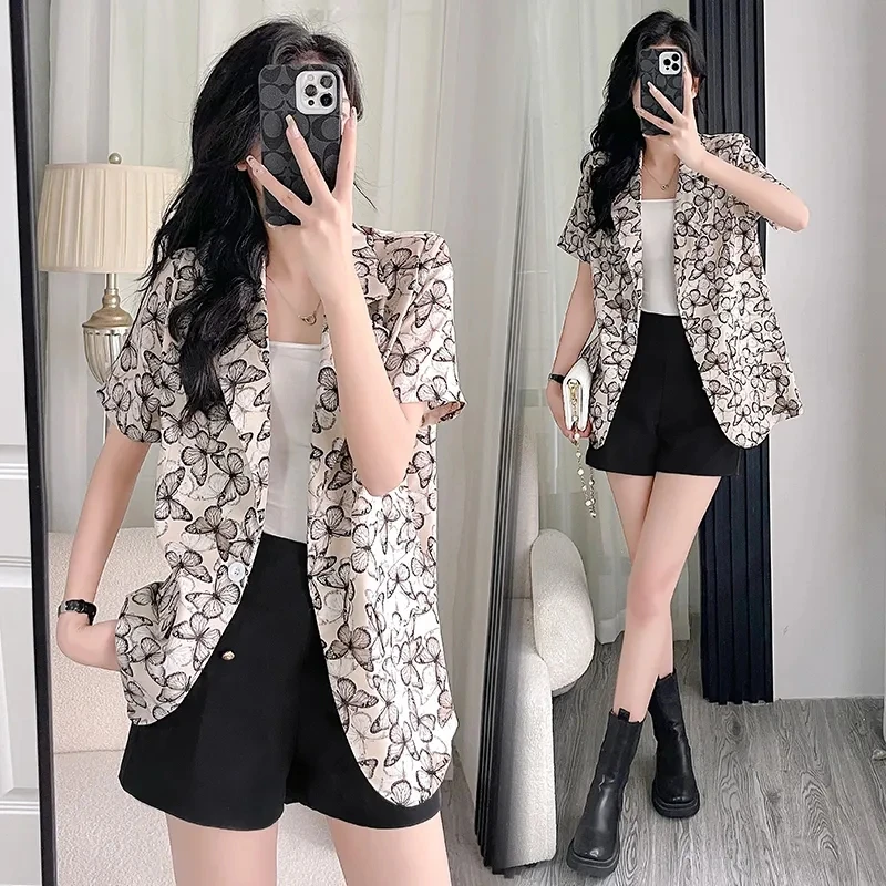 

2024 short-sleeved suit jacket women's new summer high-grade loose Joker Drape Thin Coat Button Printing Temperament Elegant Coa