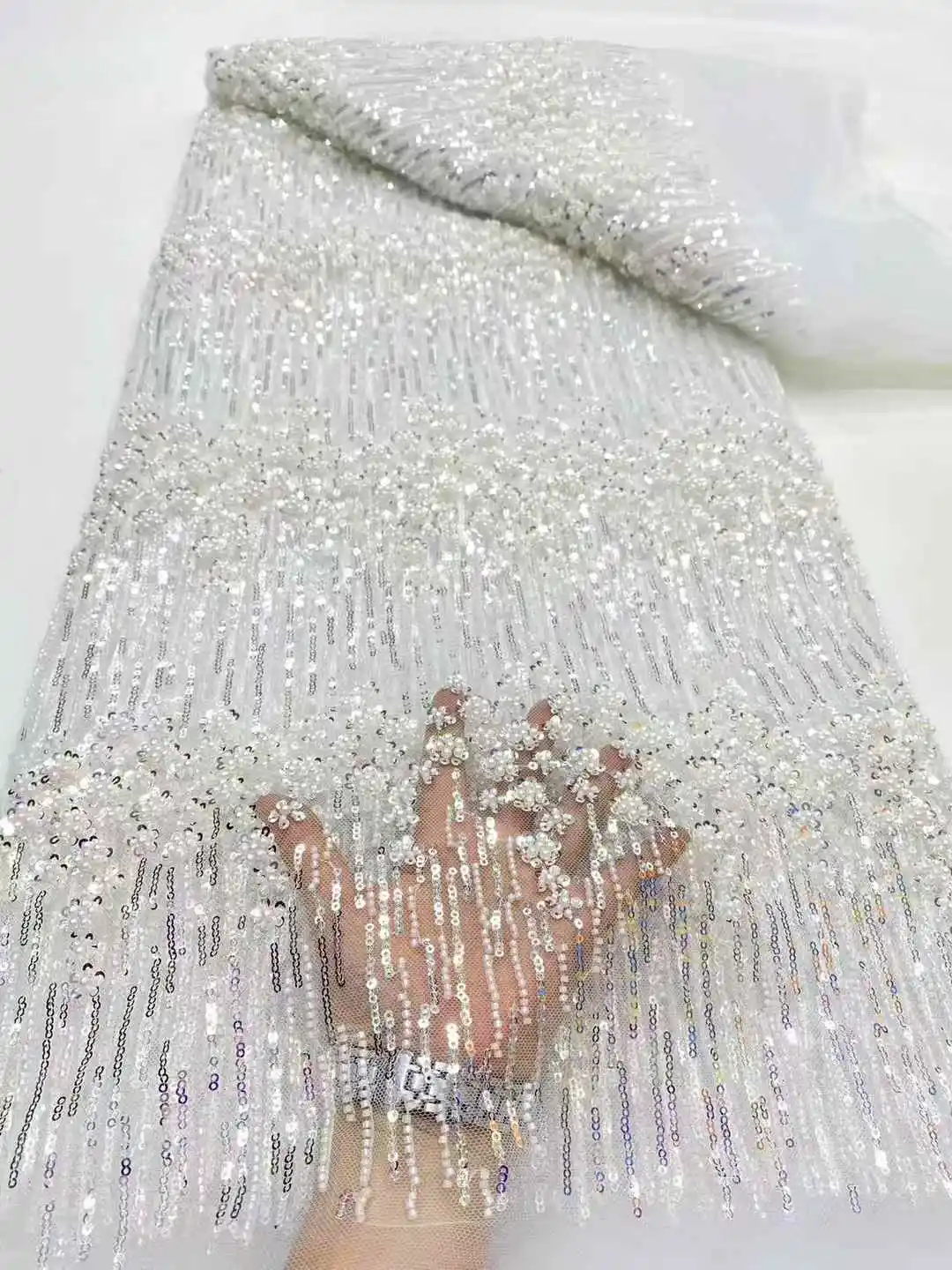 Beaded Lace Fabric  Lace Fabric High Quality Nigerian Party Lace Fabric 2025 Sequins Lace Mesh Fabric For Dress Sewing