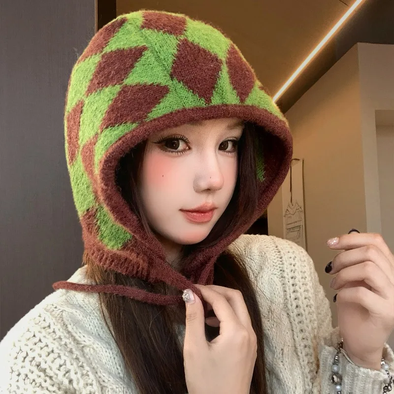 Koreanische Retro-Diamantgitter-Schnürmütze, gestrickte Mütze für Damen, Herbst- und Winterwärme, Ohrenschutz, vielseitige Bombermütze – Detail 1