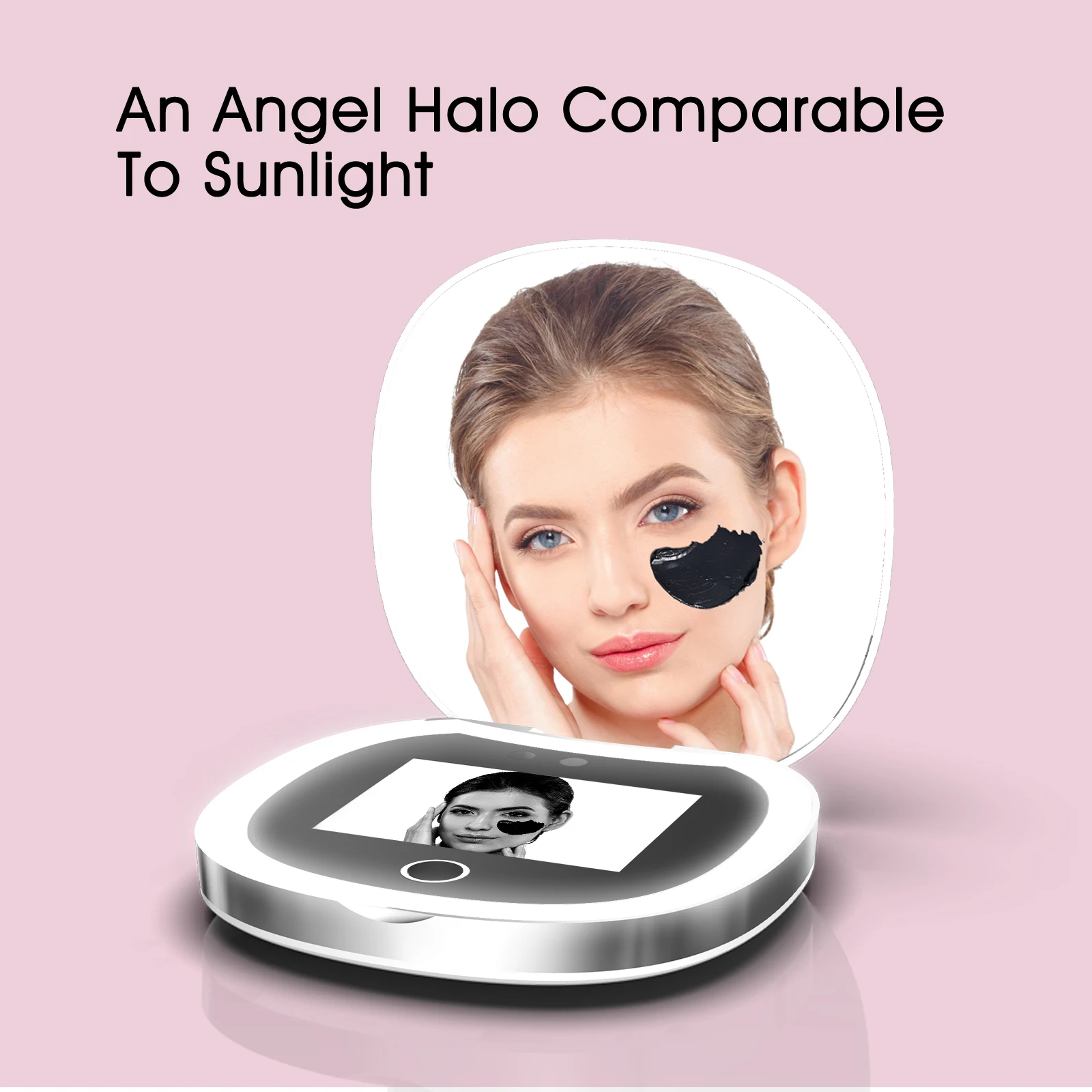 Travel Compact Mirror with UV Camera, 2X Magnification Portable UV Mirror with Lights Checking Facial Sunscreen LED Makeup Mirro