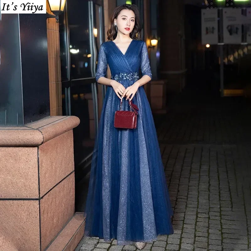 It's Yiiya Customized Evening Dress Navy Blue Floral V-Neck Half Sleeves A-Line Floor-Length Plus size Woman Formal Party Gowns