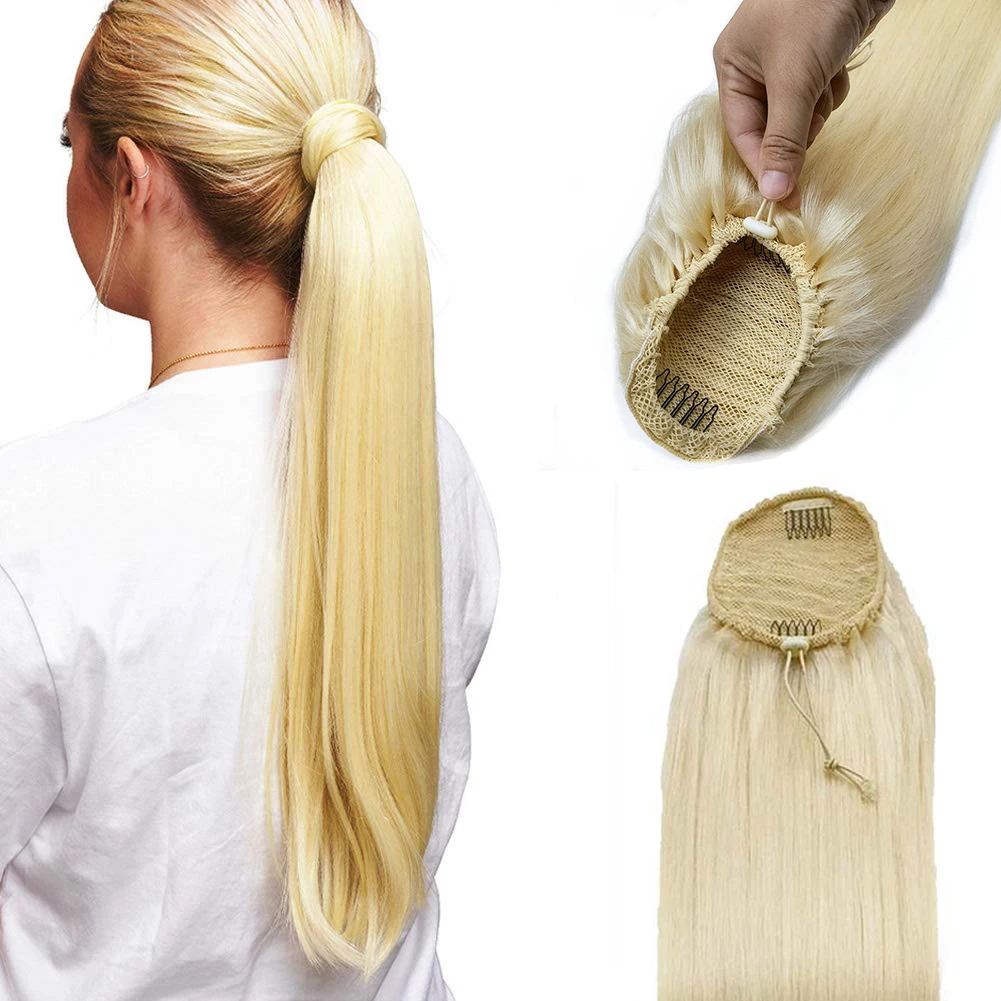 

Конский хвост из натуральных волос Highlight Remy Human # 613 # 613, отбеливающая блондинка, прямой зажим для хвоста на шнурке, наращивание хвоста