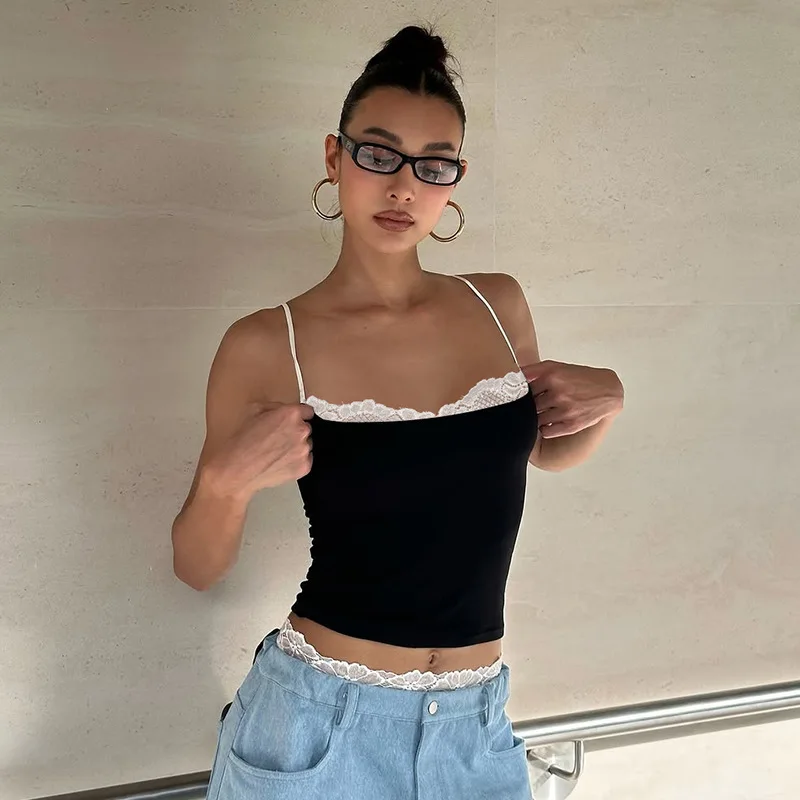 

2025 Summer Girls Lace Patchwork Black Camisole Tops Y2K Woman Clothes Backless Skinny Crop Tops Corset Beach Streetwear Solid