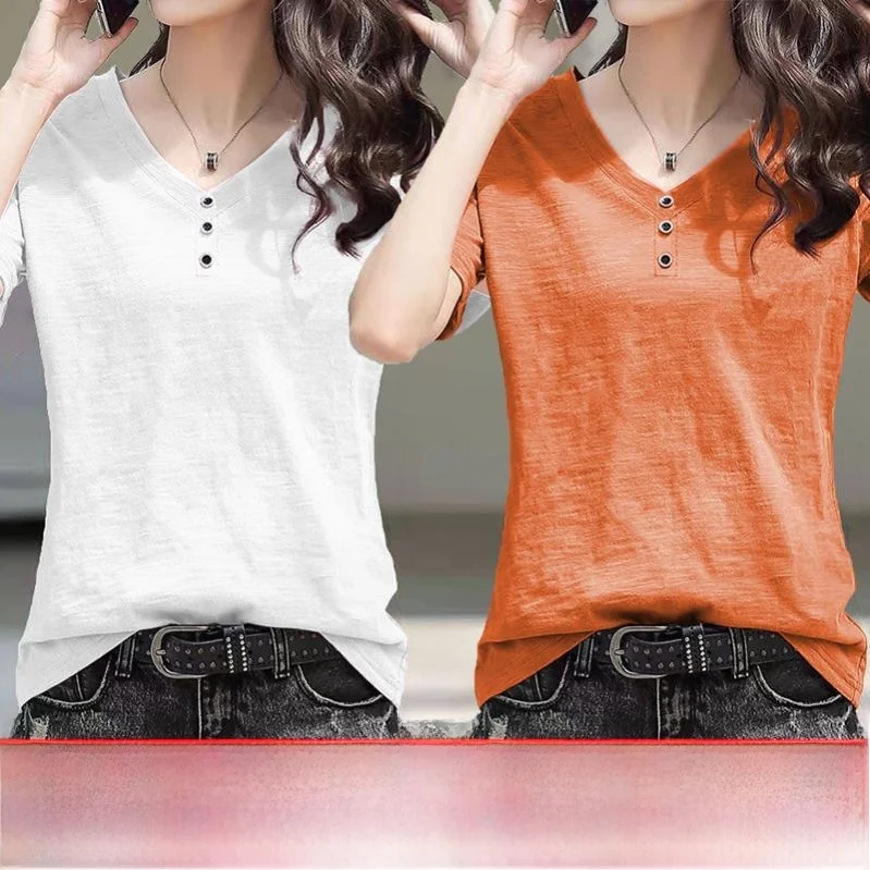Loose Fit Bamboo Cotton Short Sleeve V-Neck T-Shirt Women's Summer New Style Large Size Inner Wear Top Fashionable Artistic