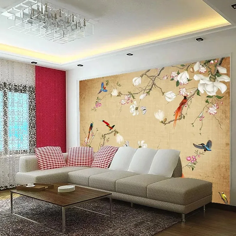 Custom Any Size Mural Wallpaper 3D Stereo Flowers Birds Chinese Style Hand Painted Photo Wall Painting Living Room TV Sofa Decor