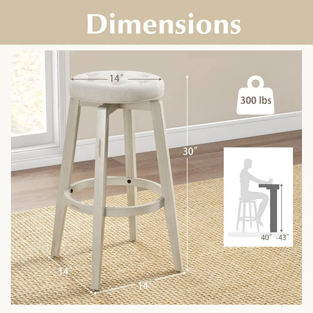 Set of 2 30 High Backless Swivel Bar Stools with Tufted Seats and Rubberwood Frame, Kitchen Counter Stools with Footrest