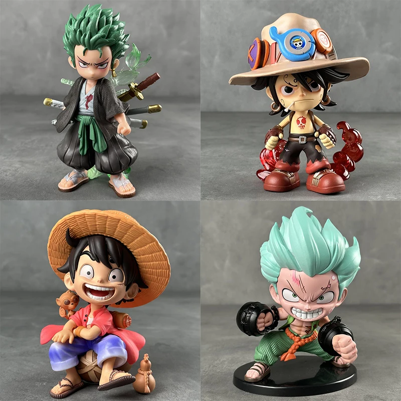 

15cm Bandai One Piece Q-version figurine laugh loudly NIKA Luffy Ace Roronoa Zoro Anime model car decoration Desktop ornament