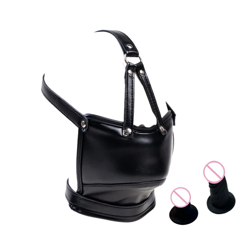 Exotic Cool PU Leather Harness Headgear Face Mask with Fetish Bondage Dildo Mouth Gag for Women Men Bedroom Cosplay Play Sex Toy view 2