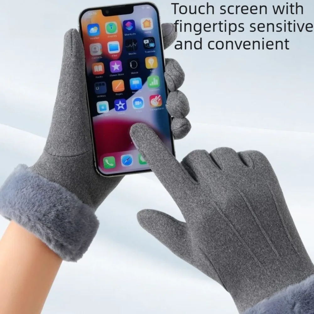 Warm Autumn Winter Gloves Rabbit Fur Suede Velvet Women Work Gloves Windproof Coldproof Touchscreen Five Finger Cycling Gloves