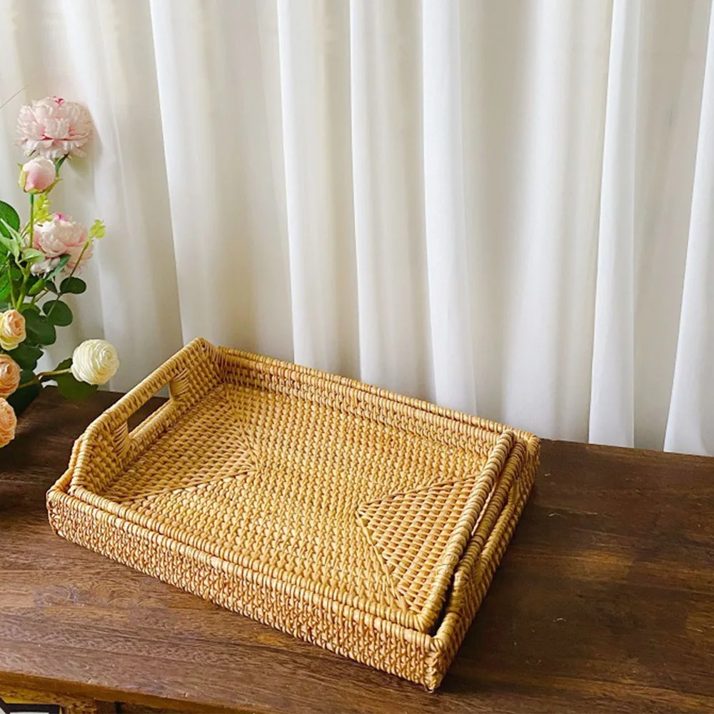 Woven Fiber Tray with Handles Woven Craft Side Handles Serving Tray Rectangular Lightweight Storage Tray Living Room