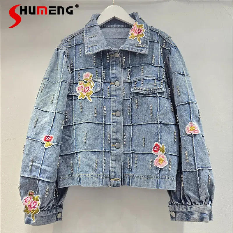 

Fashion Rhinestone Plaid Denim Jackets Women 2026 Early Spring New Embroidery Loose Comfort Denim Coats Fashion Denim Jackets