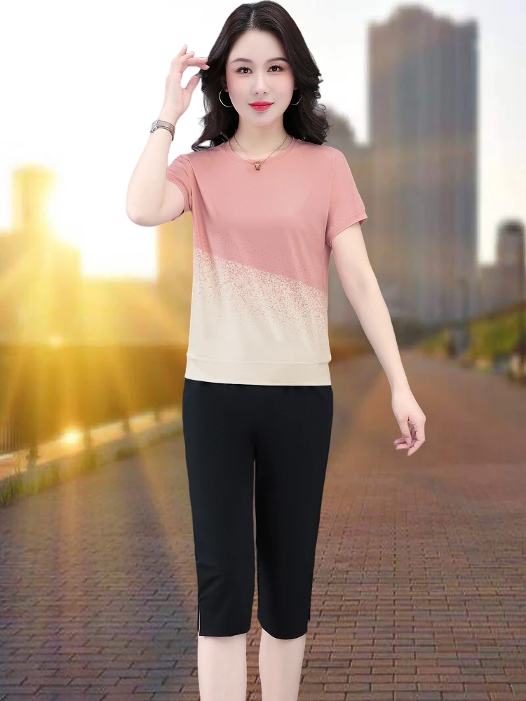 Qui Dry Sportswear Set for Women Summer Thin Sle Agel Mom Fit Seven-Foot Pants Casual Sportswear ort Sve round Ne