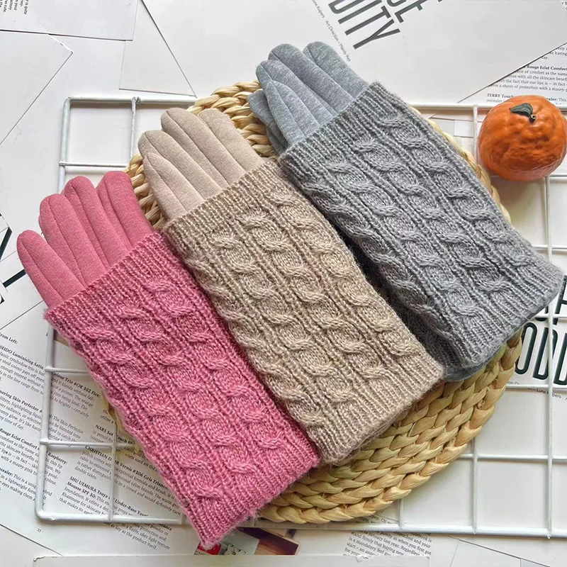 Winter Thermal Gloves Outdoor Simple Knitted Cycling Gloves Women No Pilling Fleece Full Finger Warm Gloves for Cold Weather