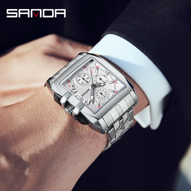 Fashion Sanda Top Luxury Man Six-needle Quartz Movement Waterproof Date Full Stainless Steel Strap Business Watch Reloj