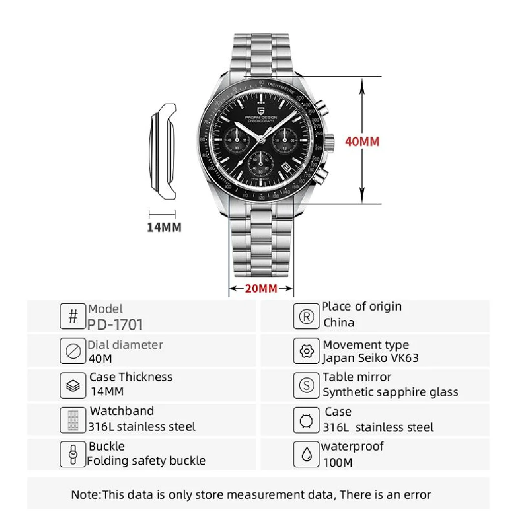 

New PAGANI DESIGN Men Watches Luxury Quartz Watch for men Auto Date Chronograph Sapphire crystal VK63 movt Stainless steel