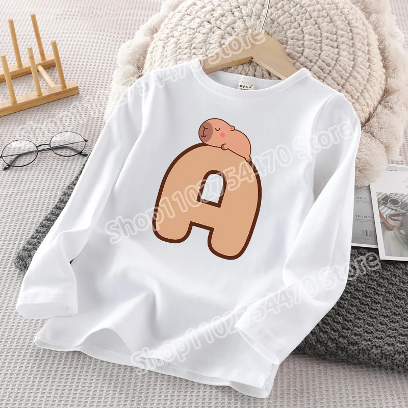 

Детская футболка с длинными рукавами «Капибара», хлопковые футболки с мультяшным принтом для мальчиков и девочек, кавайные зимние повседневные топы с круглым вырезом, детские подарки на день рождения