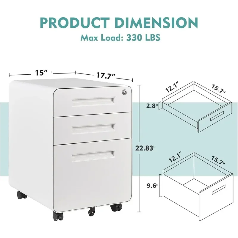 3 Drawer White Mobile Filing Cabinet With Lock