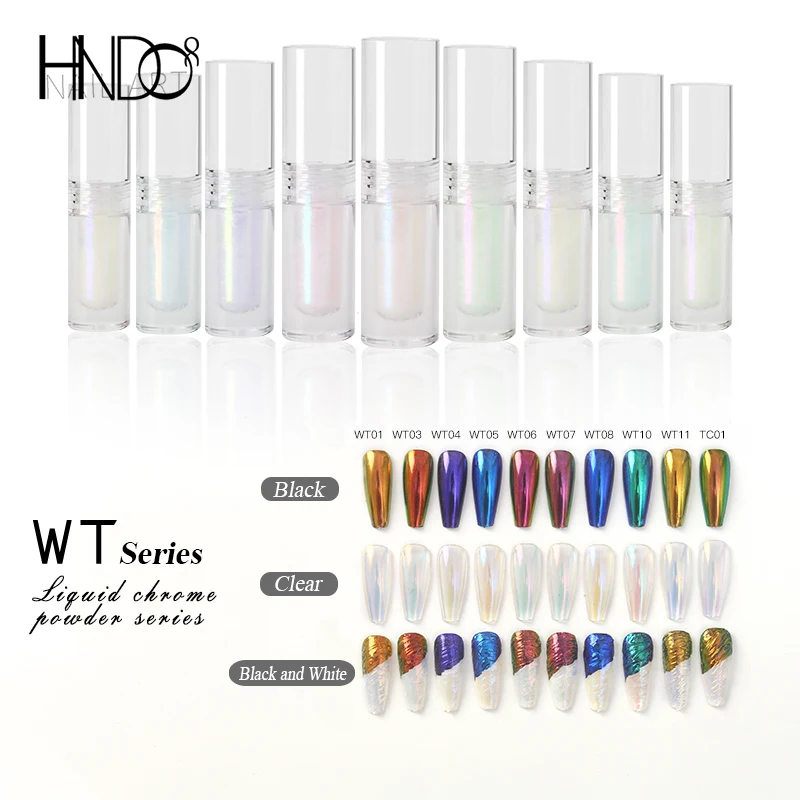 

HNDO 10 Color Tube Liquid Mirror Chrome Powder with Brush Inside for Professional Nail Art Manicure Nail Glitter Pigment WT