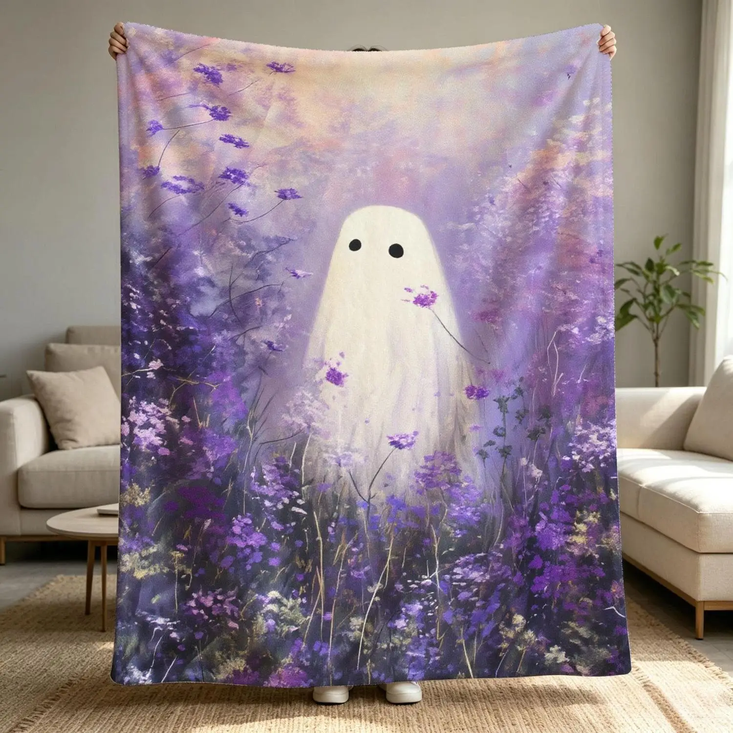 [Flannel Blanket] Ghost Blanket Purple Floral Cute Forest Aesthetic Halloween Home Decoration Quirky Fan Gift