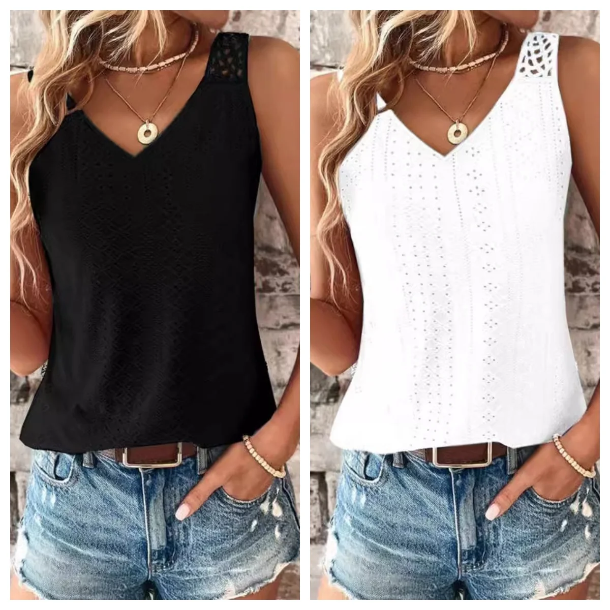 

New Summer Blouses Women's Top Tank T-shirt Casual Simple Back Hollow Lace Black White V-neck Vest Tops Women Vintage Clothing