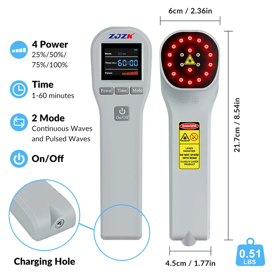 ZJZK Fisioterapia Laser, Dispositivo de Terapia a Laser, Cura de Feridos, Tratamento a Laser para Neuropatia, Pulso e Modos Contínuos, 880mW, 4 × 808nm