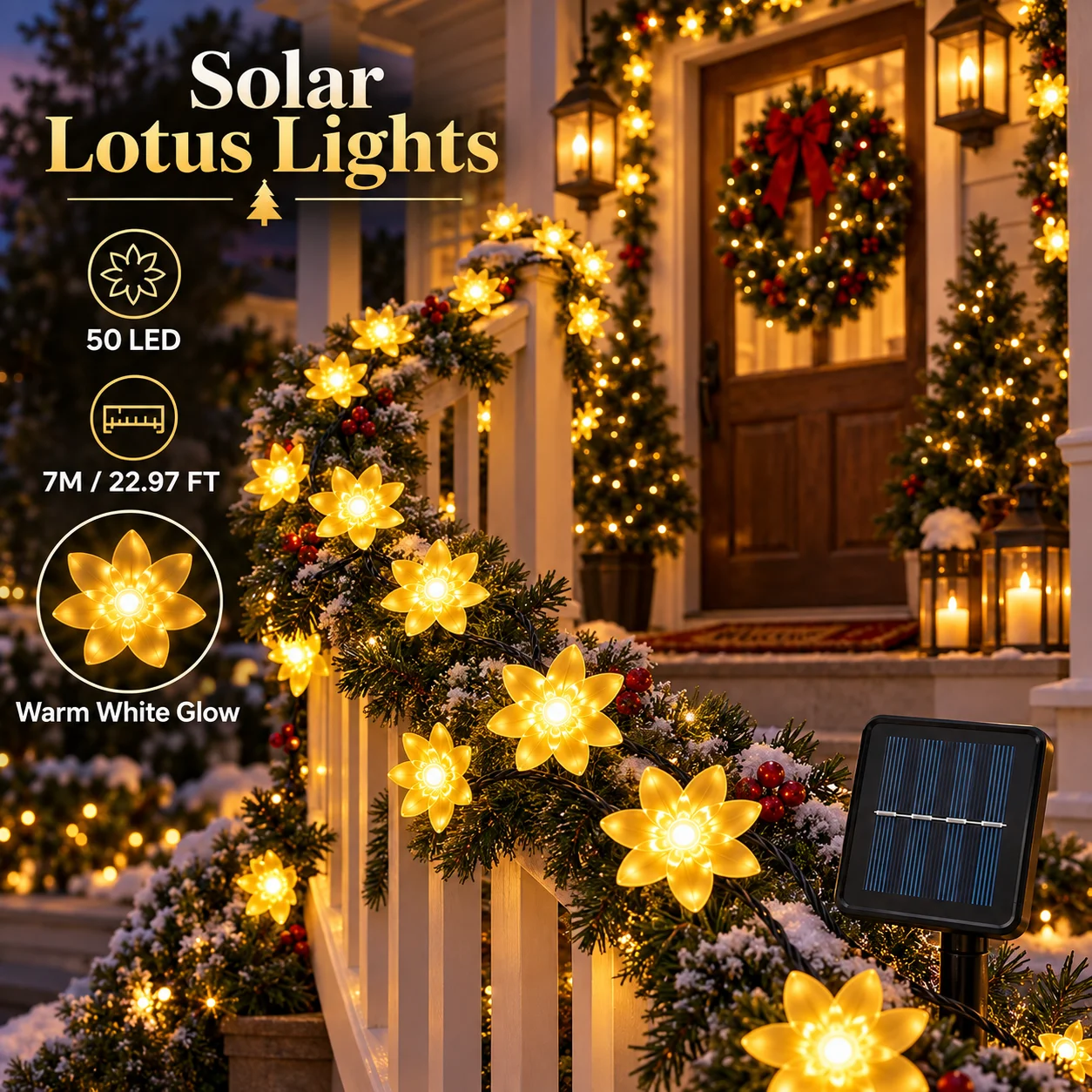 Solar Flower String Lights Lotus Blossom 20/50/100LED 8 Modes Auto On for Christmas Tree Porch Fence Balcony Party Decor