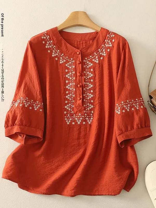 

Ретро-футболка с художественной вышивкой для женщин больших размеров, с рукавом три четверти, дышащая, повседневная, свободного кроя, летняя