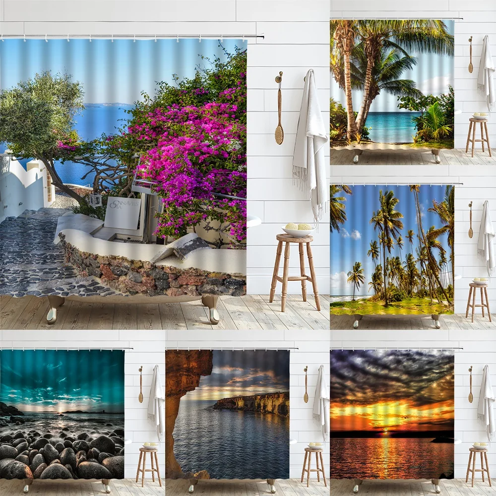 

Seaside Town Scenery Shower Curtains Greece Building Blue Sea Sky Flower Waterproof Cloth Bathroom Decor Curtain Set Bath Screen