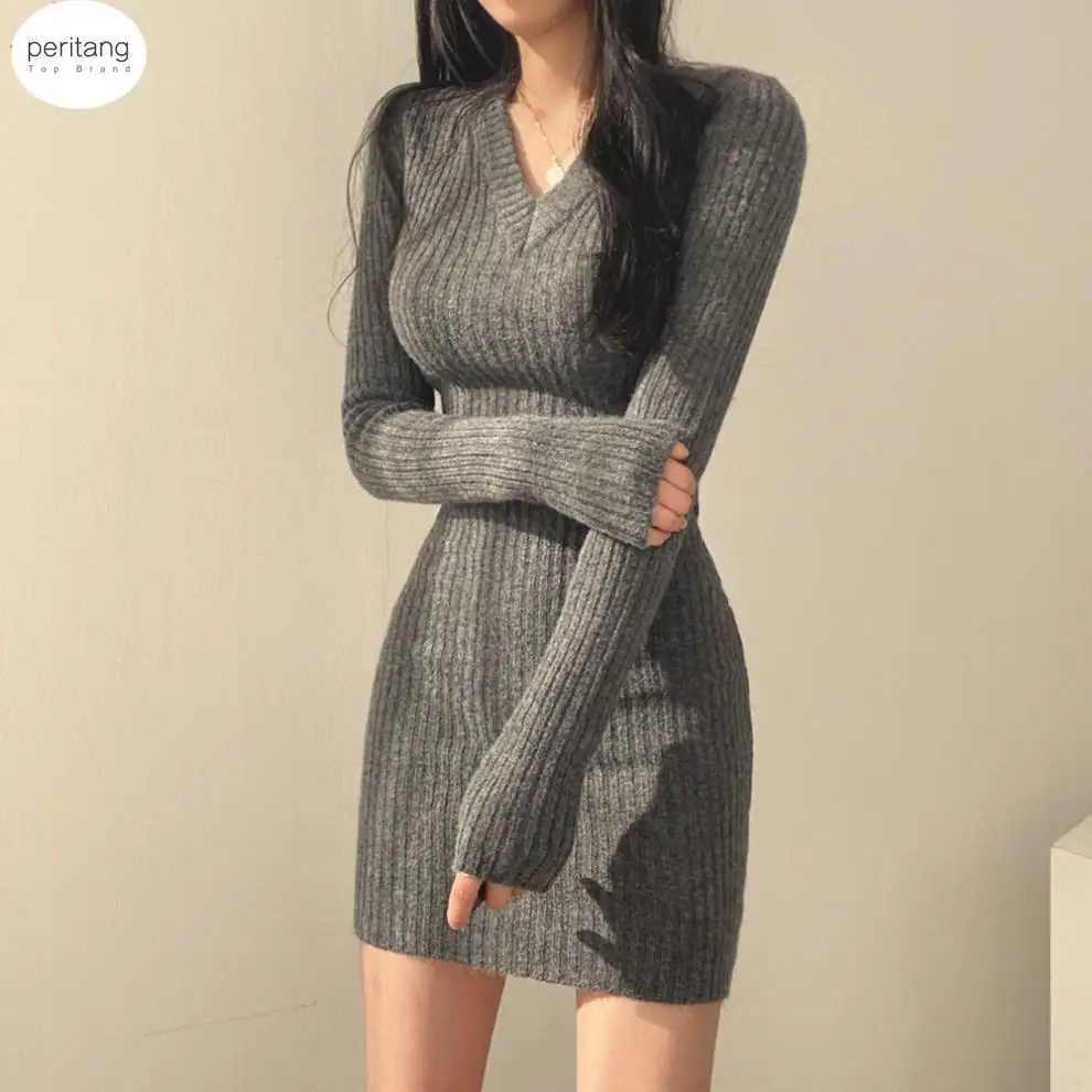 

PERITANG Women Retro Knitted Mini Bodycon Solid Color V-Neck Long Sleeve Wrapped Hip Dress Autumn Winter Slim Sweater Vestido