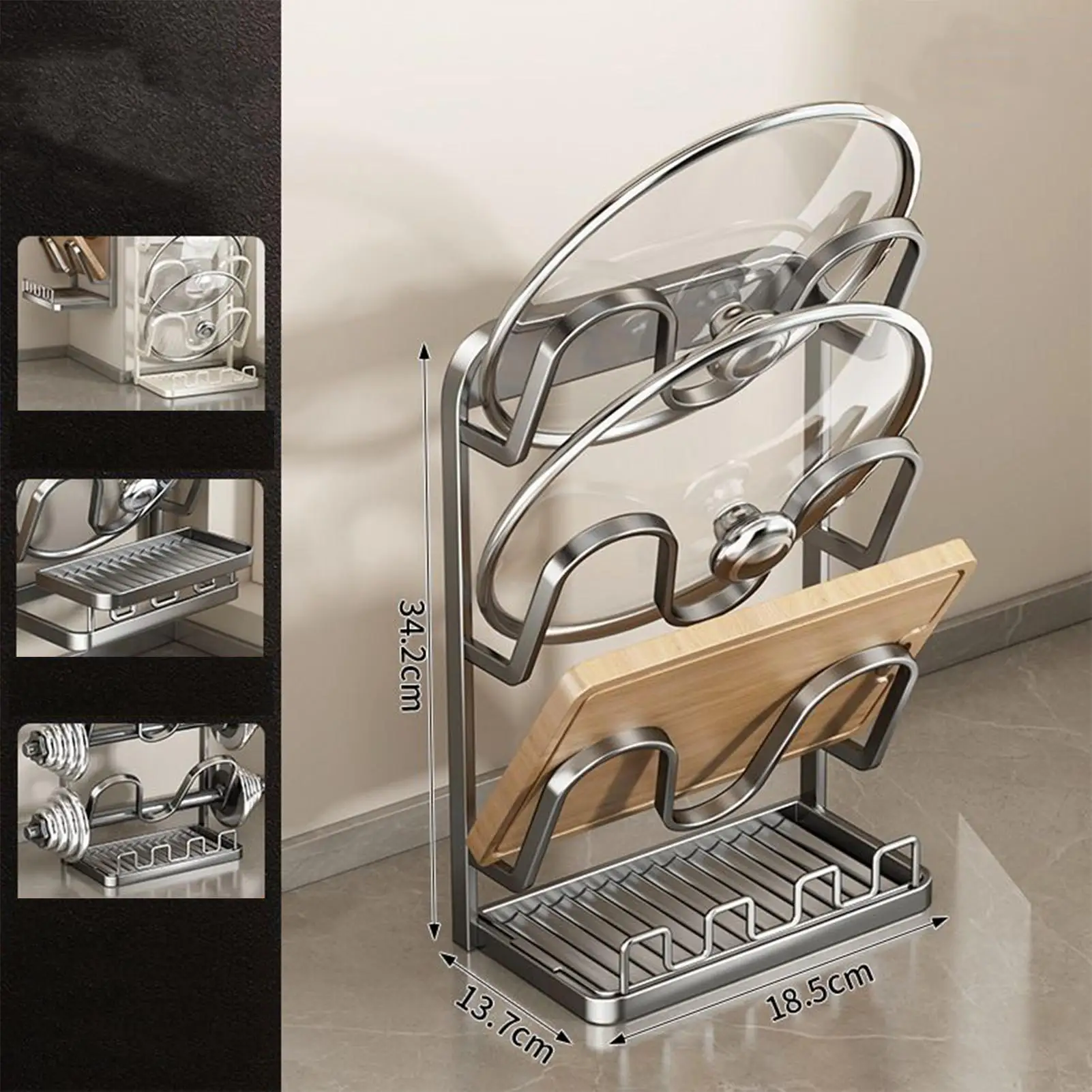 

​ Полка для крышки кухонной кастрюли, органайзер для крышки кастрюли без сверления, органайзер для кухонной стойки, экономящая пространство, стойка для столешницы с дренажным поддоном, легко чистится