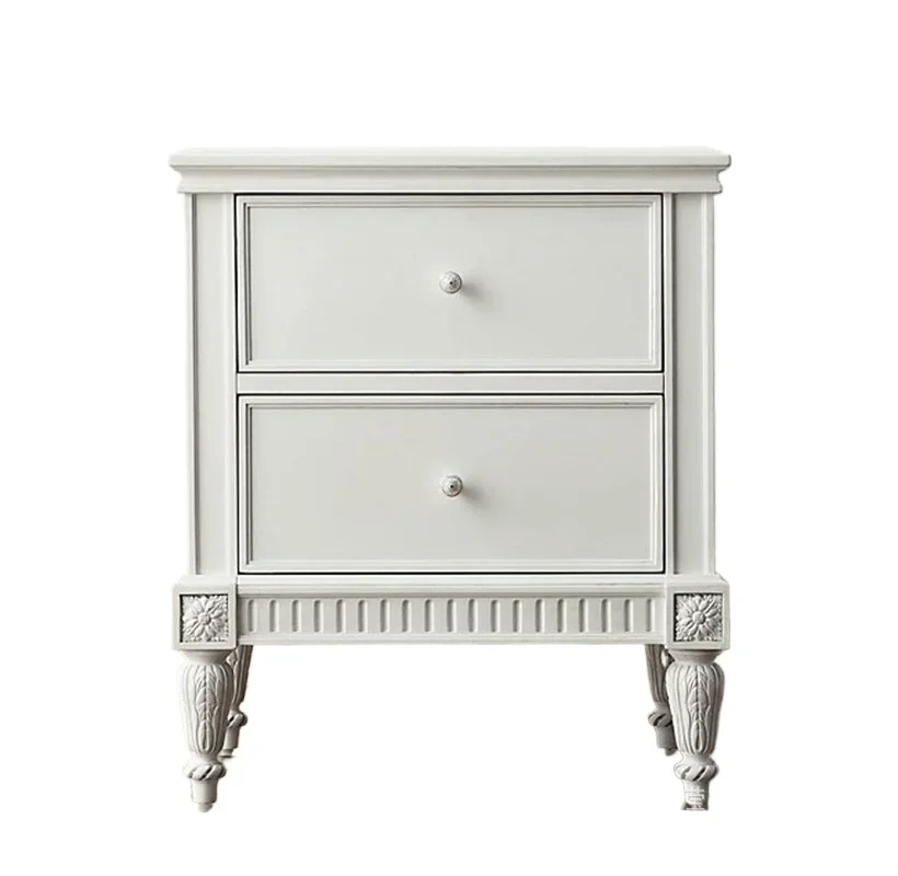

European solid wood carving flower bedside table, oak two-pump storage bedroom drawer storage cabinet