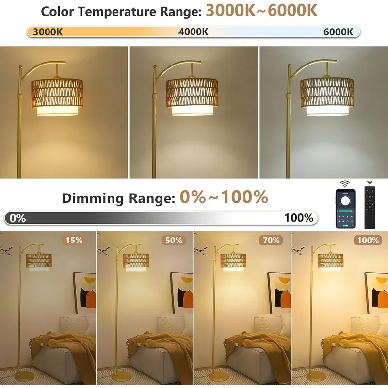 Gold Floor Lamps for Living Room with Remote and Dimmable LED Bulb Modern Arc Floor Lamp with 3 Color Temperatures Boho